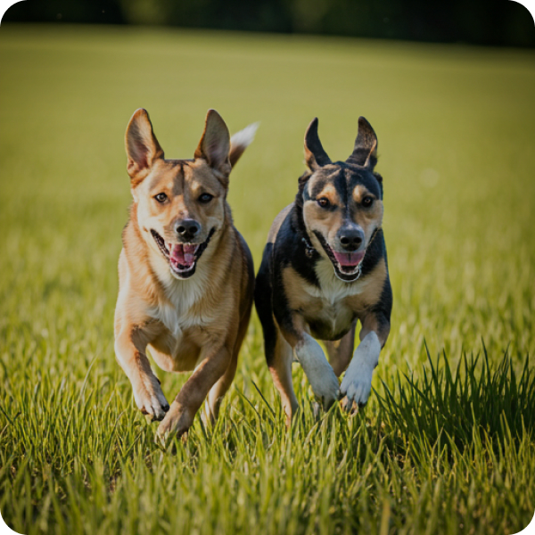 Dogs running in the grass