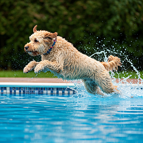 Dog jumping into a pool
